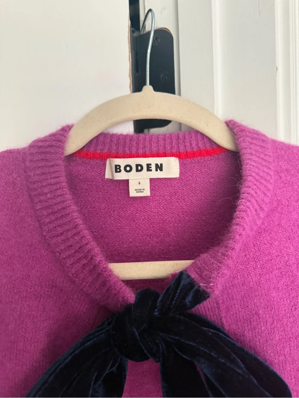 Boden magenta Fluffy Bow Cardigan velvet tie neck sweater wool blend